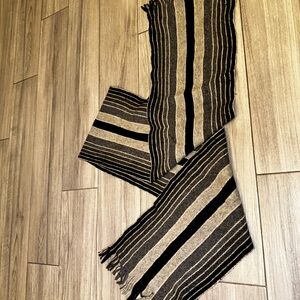 VINTAGE Wool Striped Knit Scarf Gray Black Fringe Classic Winter Fall